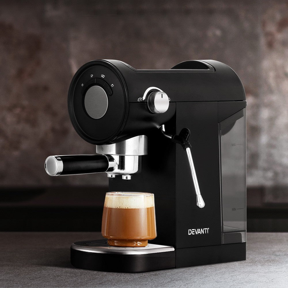 Devanti 20 Bar Coffee Machine Espresso Maker Milk Frother Cappuccino Cafe Black
