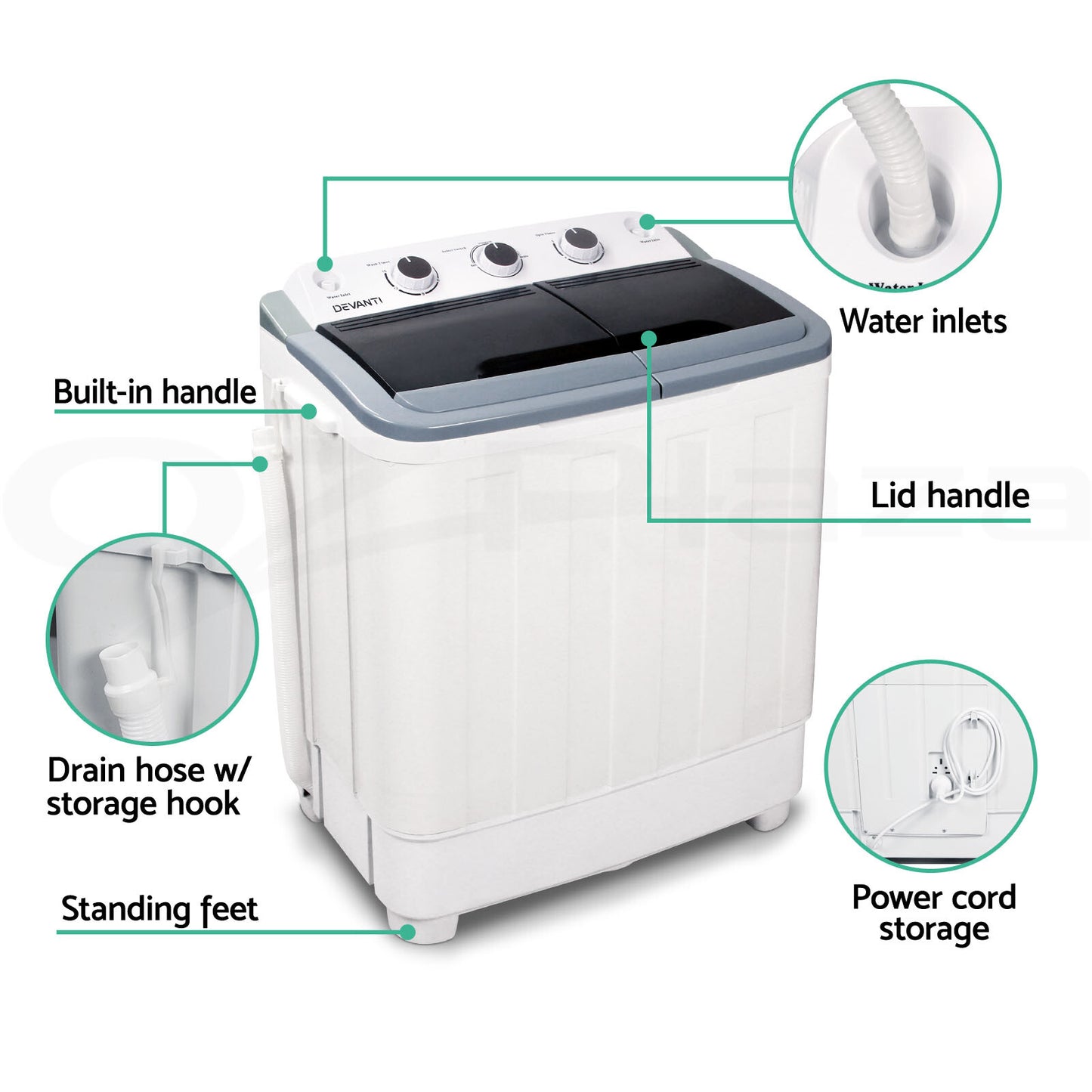 Devanti 4.6Kg Mini Portable Washing Machine Twin Tub Spin Camping Caravan