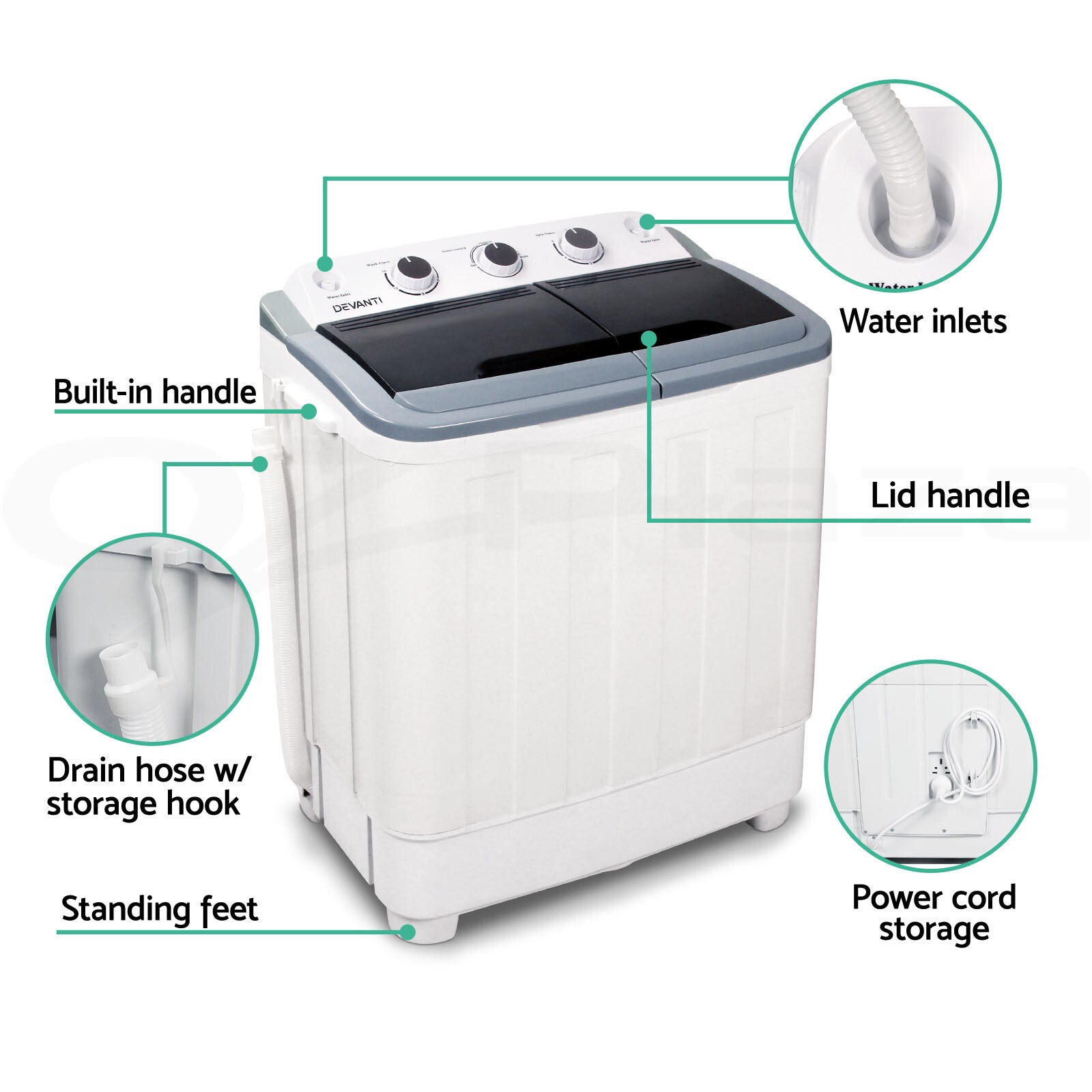 Devanti 4.6Kg Mini Portable Washing Machine Twin Tub Spin Camping Caravan