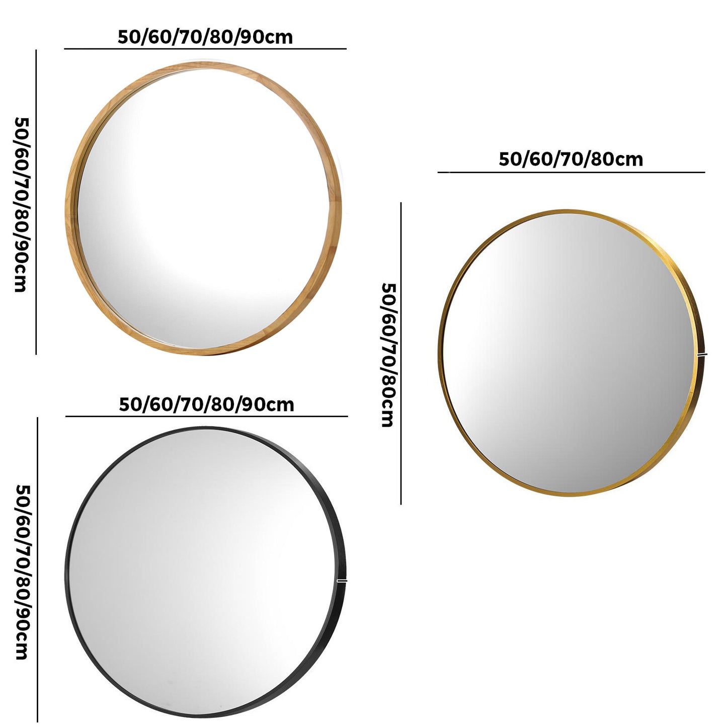 Oikiture Wall Mirrors round Makeup Mirror Home Decor 50/60/70/80/90