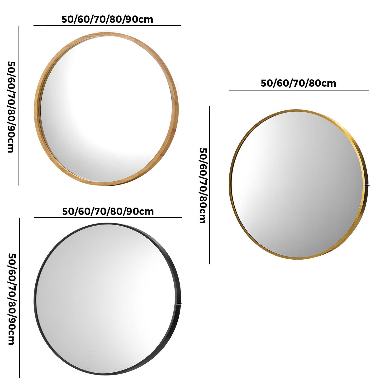 Oikiture Wall Mirrors round Makeup Mirror Home Decor 50/60/70/80/90