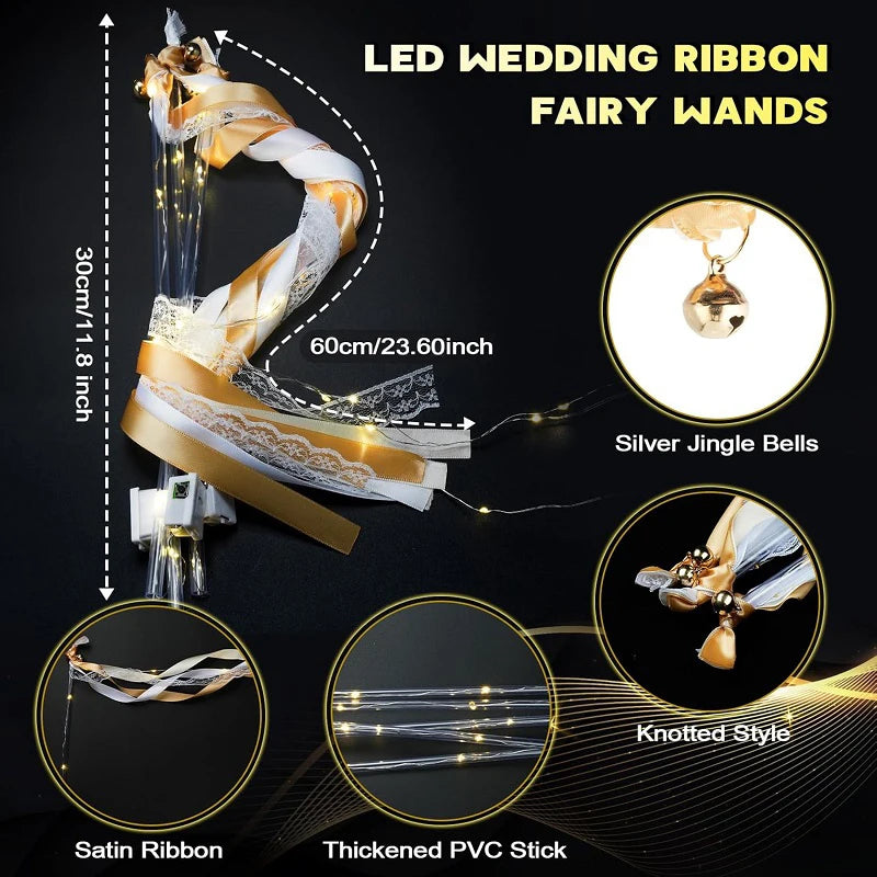 Wedding Ribbon Fairy Wand Light up Magic Wand Glow in the Dark Flashing Lace Stick for Birthday Baby Shower Send off Party Favor