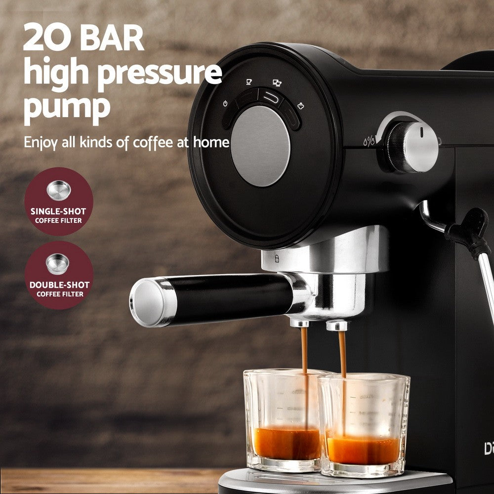 Devanti 20 Bar Coffee Machine Espresso Maker Milk Frother Cappuccino Cafe Black