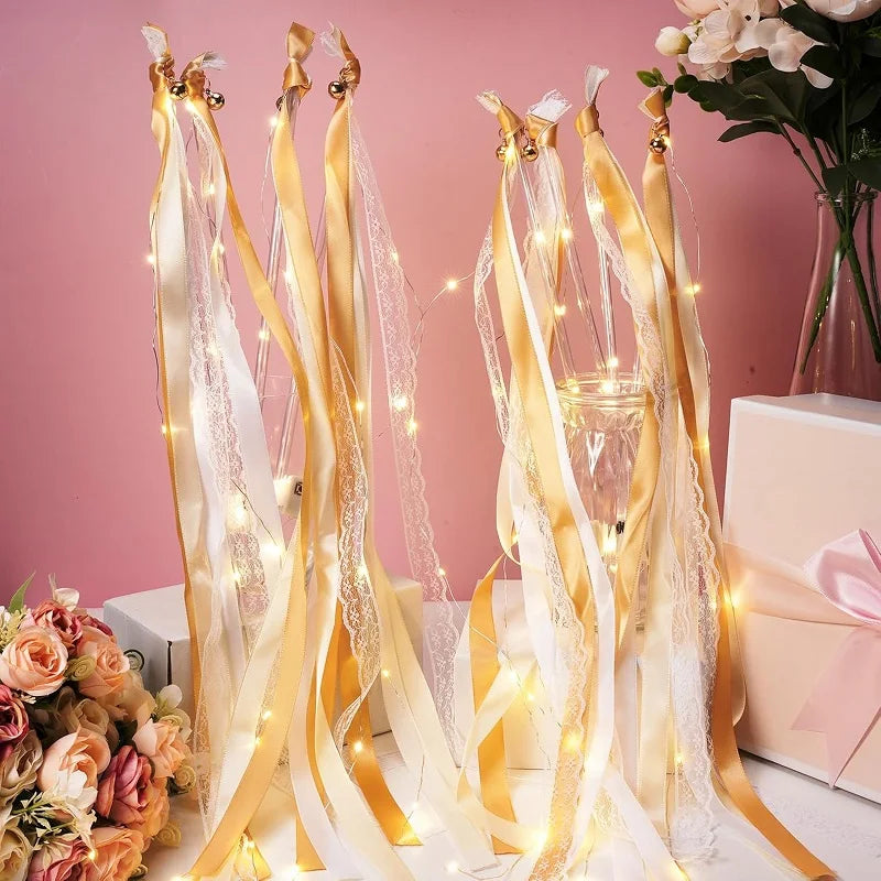 Wedding Ribbon Fairy Wand Light up Magic Wand Glow in the Dark Flashing Lace Stick for Birthday Baby Shower Send off Party Favor