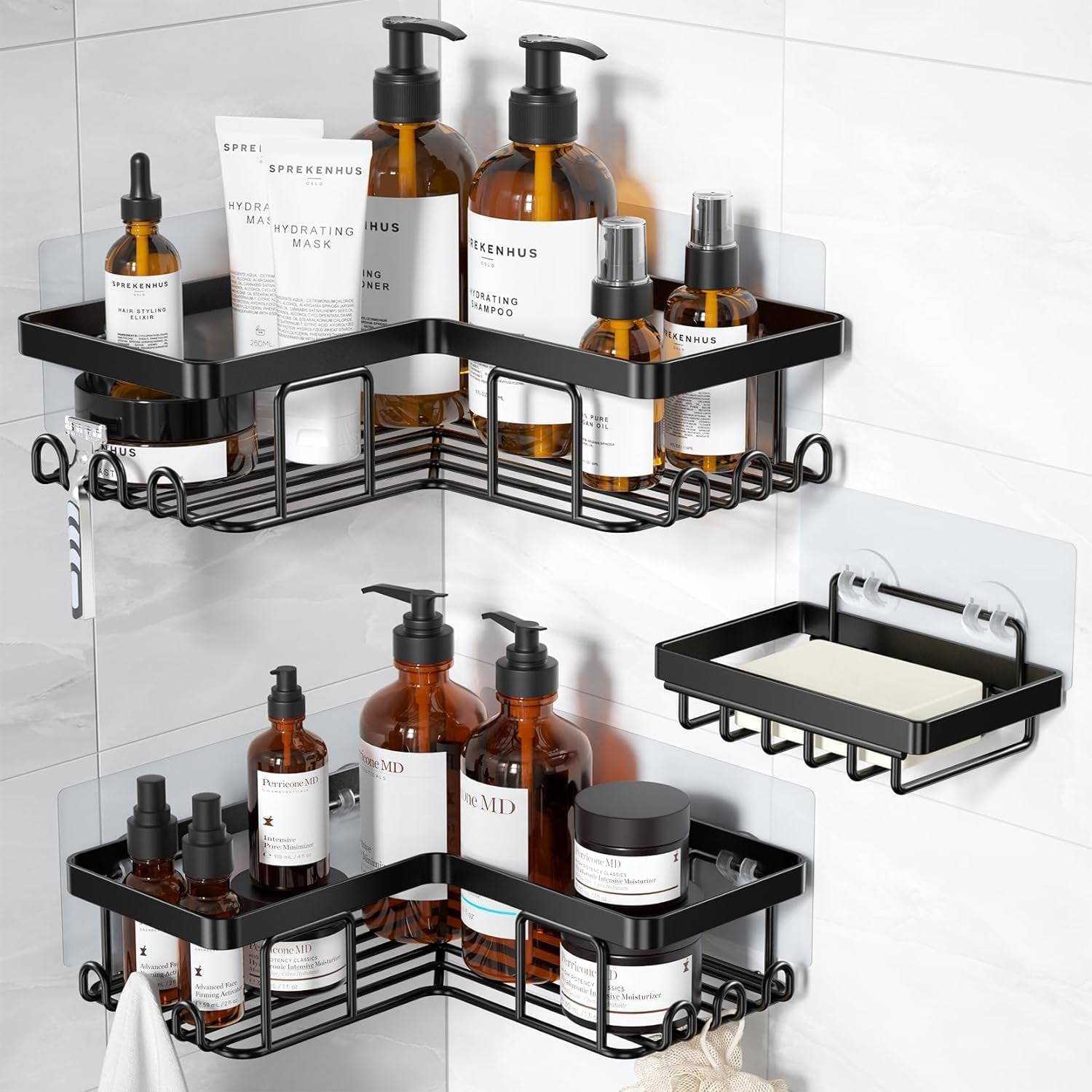 Corner Shower Caddy, 3-Pack Adhesive Shower Caddy with Soap Holder and 12 Hooks, Rustproof Stainless Steel Bathroom Shower Organizer, No Drilling Wall Mounted Shower Rack, for Bathroom, Black