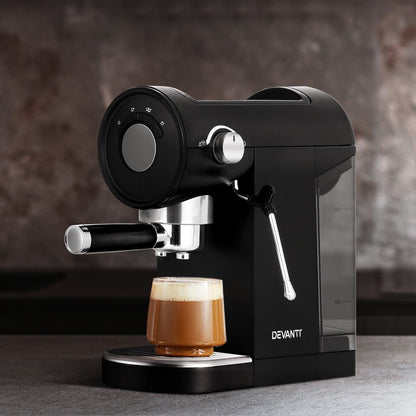 Devanti 20 Bar Coffee Machine Espresso Maker Milk Frother Cappuccino Cafe Black
