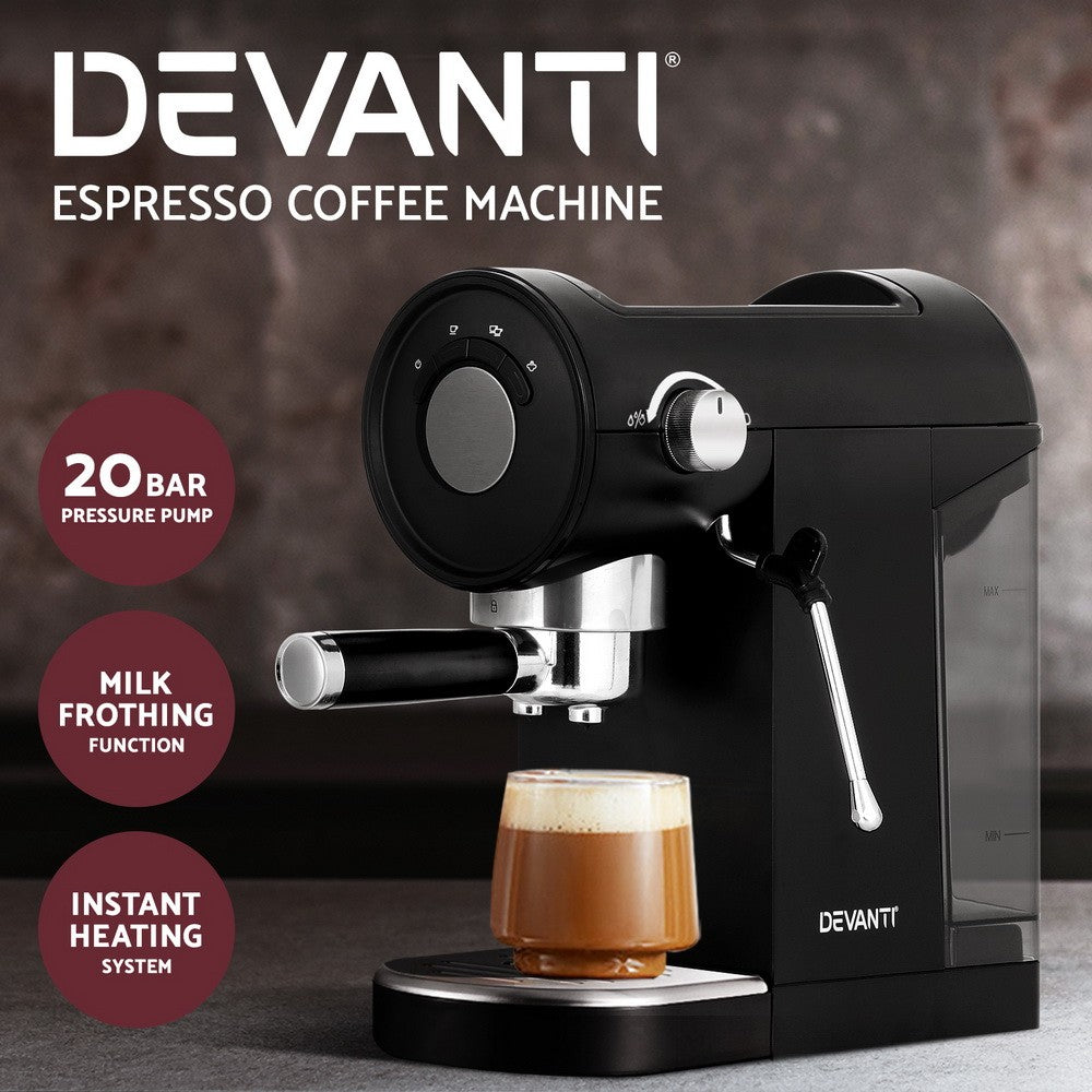 Devanti 20 Bar Coffee Machine Espresso Maker Milk Frother Cappuccino Cafe Black